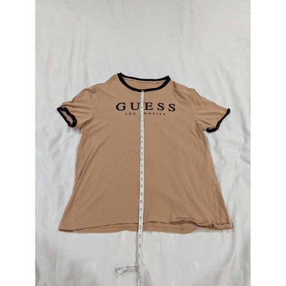 Guess Los Angeles Ringer T-Shirt Tan Brown Black Logo Mens Large Cotton Tee - Picture 4 of 8
